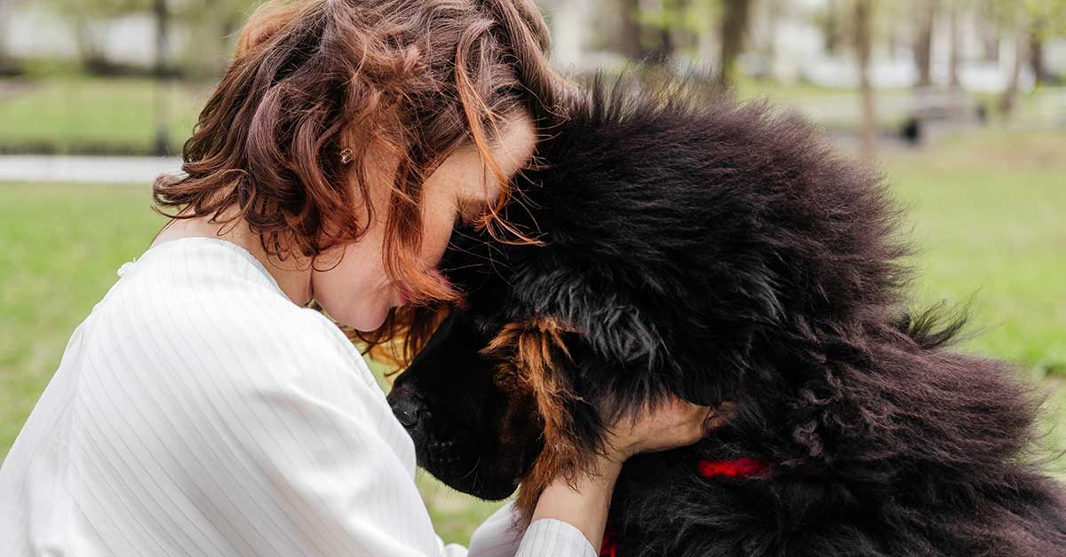 Amid her grief, a woman with brown hair gently touches foreheads with a large, fluffy black dog outdoors—a silent moment of support and understanding.