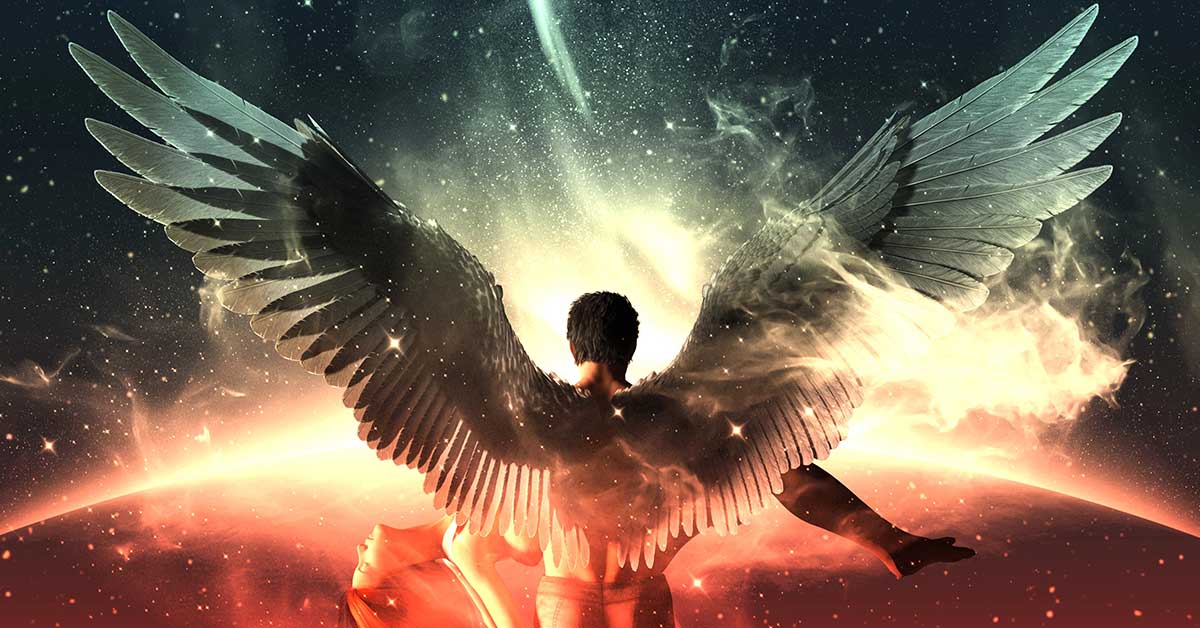 A figure with large wings stands before a glowing cosmic background, light and particles surrounding them, inviting you to connect with your angels.