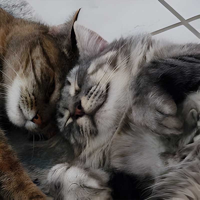 Two cats, exemplifying pet wellness, sleep closely together on a tiled floor.